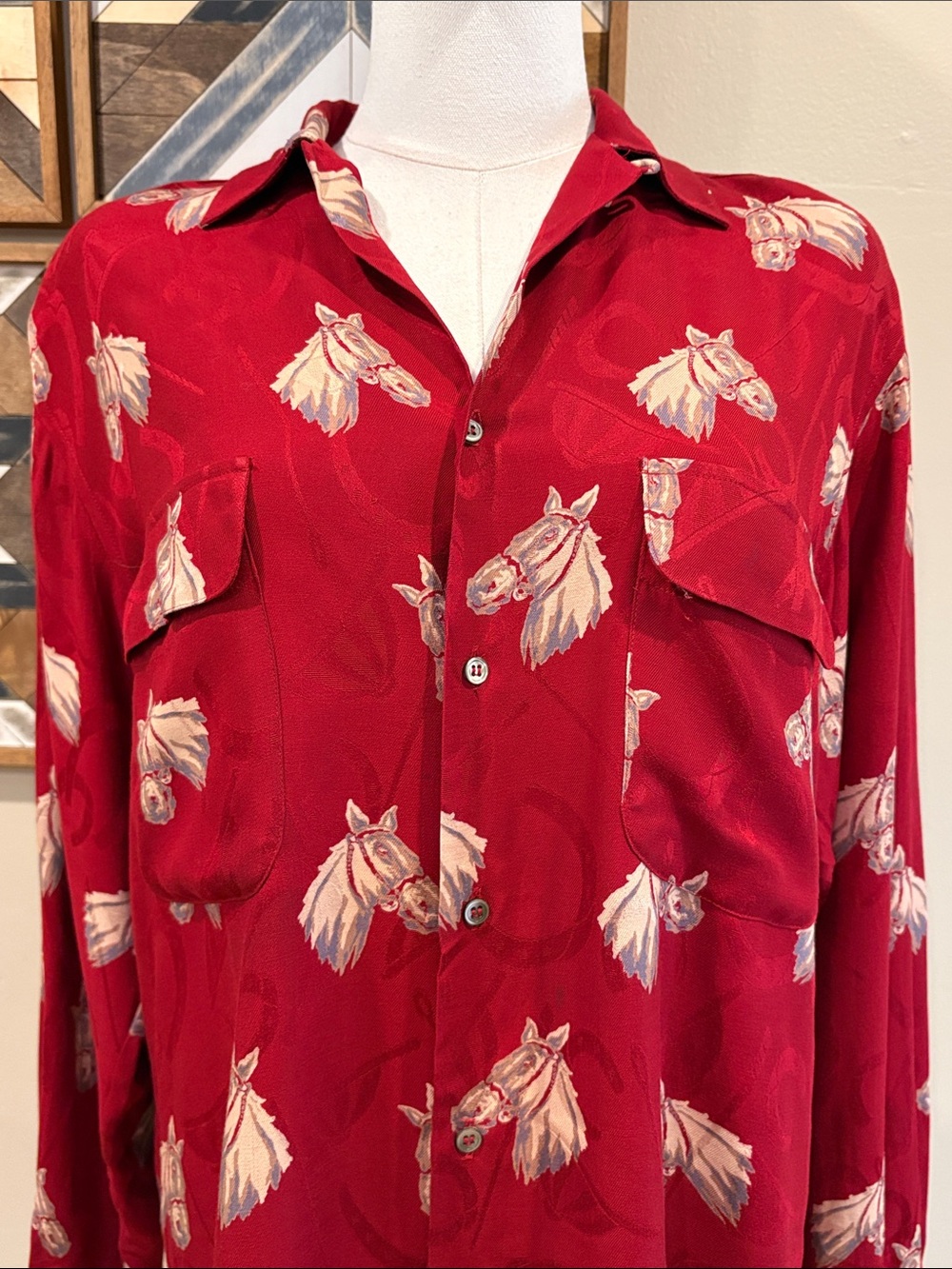 Vintage Ralph Lauren 90s Red Equestrian Horse Print Button Front Top 4 *As-Is* - Picture 4 of 16